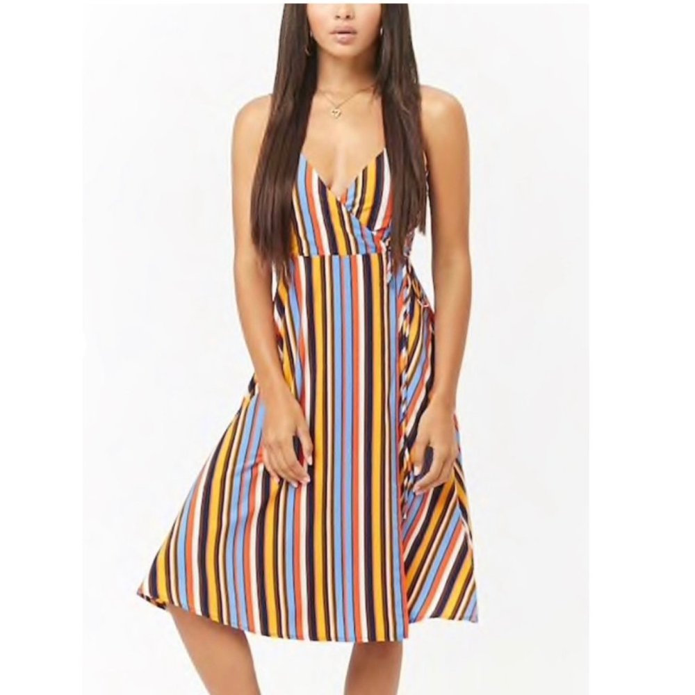 Forever 21 Women's Multicolor Striped Wrap Dress Size Small Spaghetti Dress